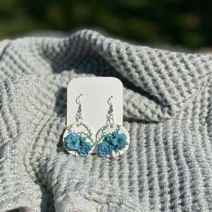 Elegant Handmade Blue Floral Clay Earrings